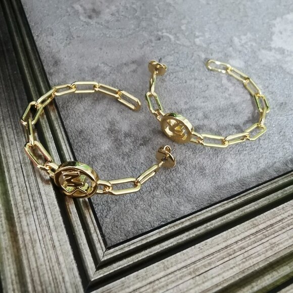 Michael Kors Signature Hoop Chain Link Goldtone Hoop Earrings - Picture 1 of 3